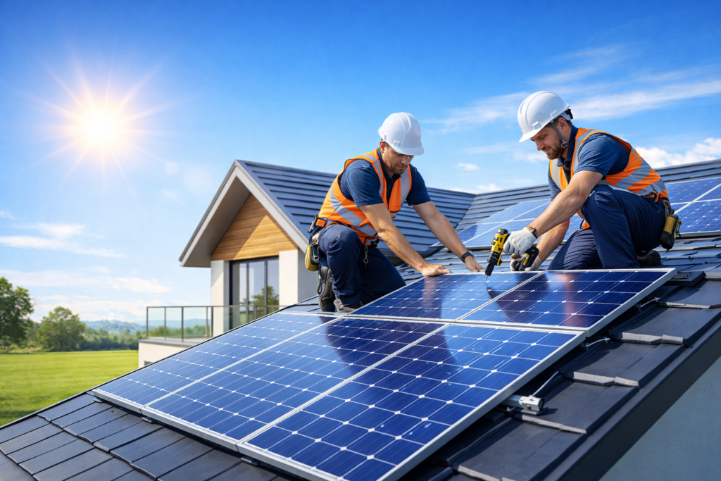 Two men installing solar panels on a house roof under a sunny sky.
