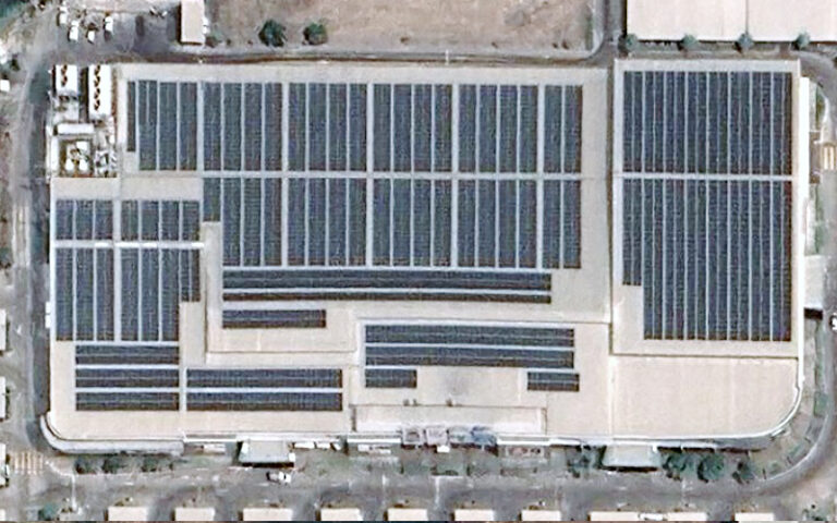 Aerial view of a large solar panel installation