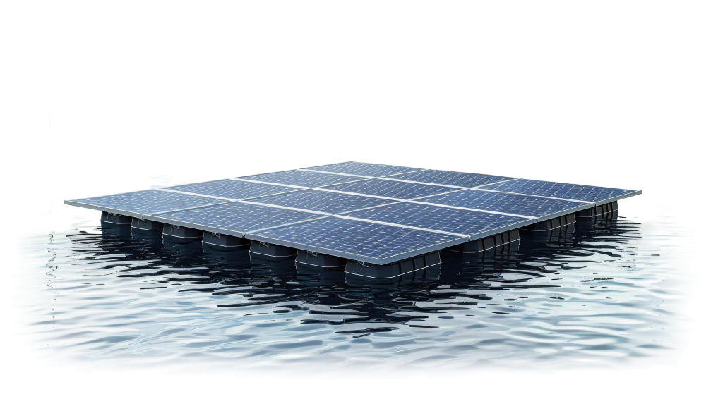 Floating solar farm on water, providing renewable energy for organizations.