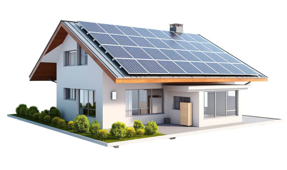 Modern house with solar panels on roof, surrounded by greenery