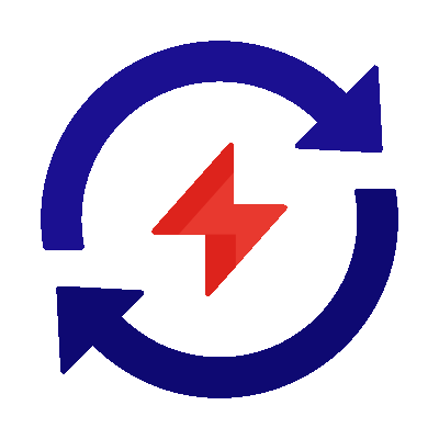 Blue circular arrows with red lightning bolt icon