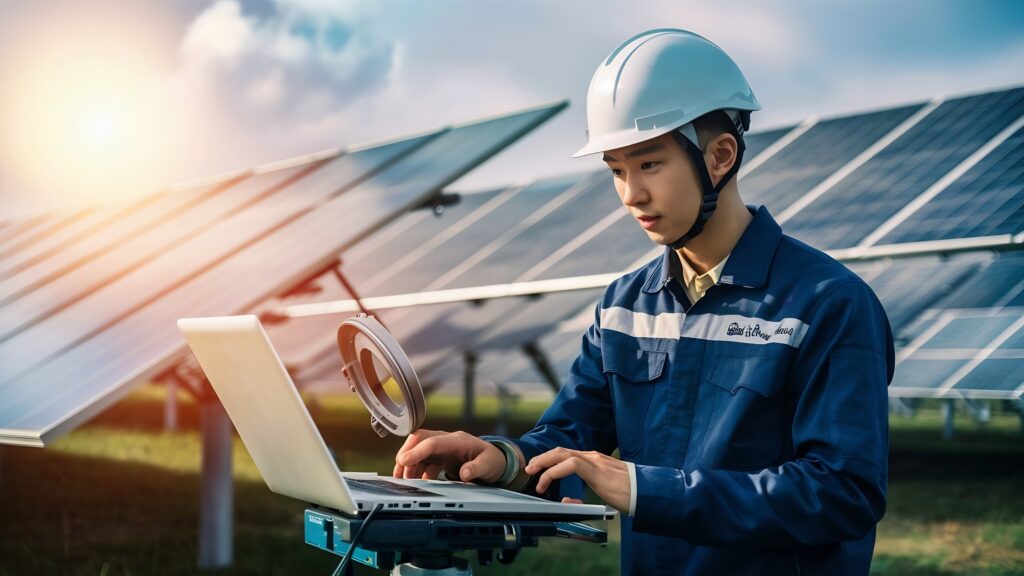 Engineer inspecting solar panels with laptop at a solar farm
