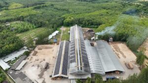 Aerial view of Nabon Parawwood Company factory with solar panels and smoke stack