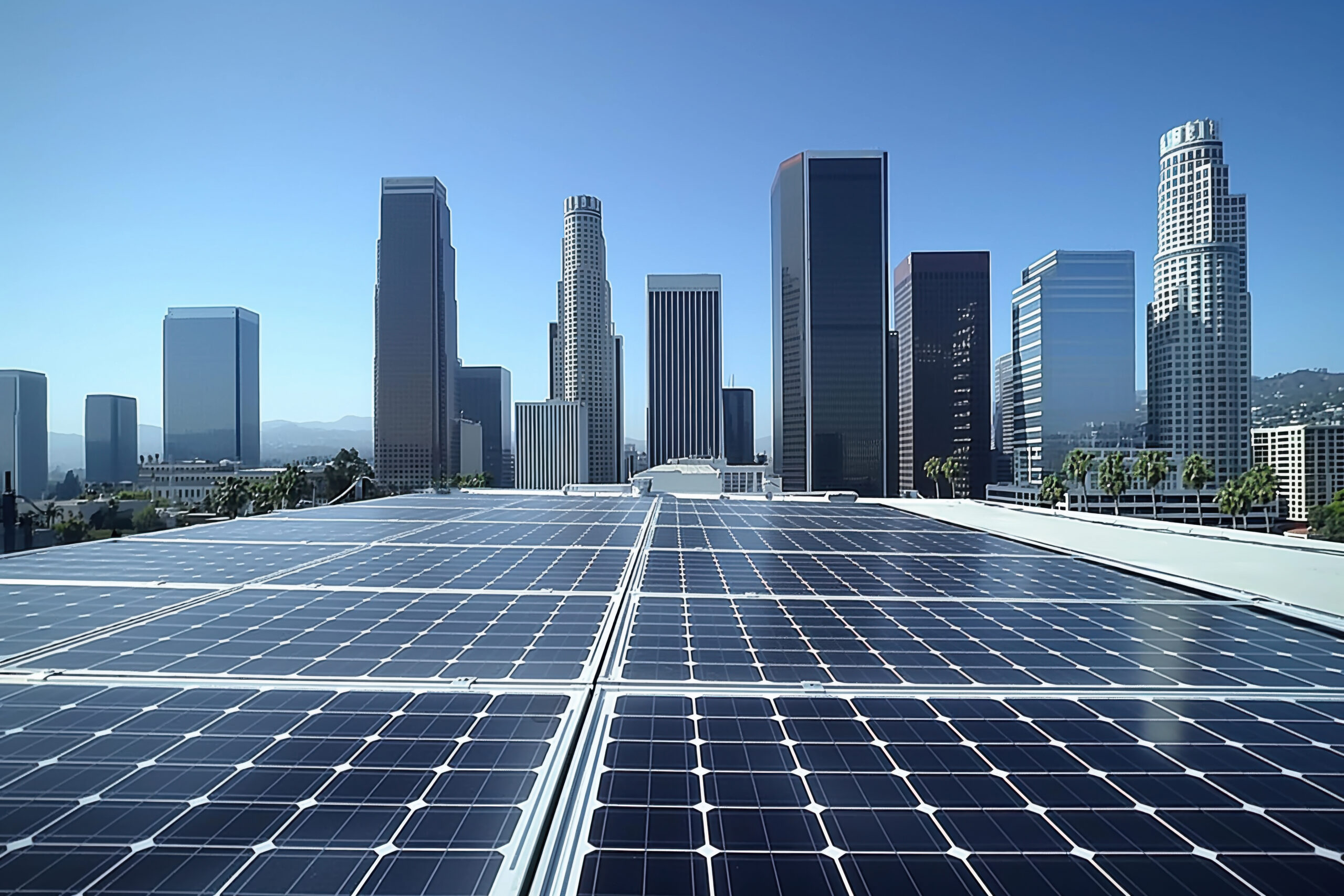 Rooftop solar panels with Los Angeles skyline in background