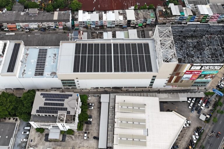 Aerial view of SB Design Square (พระรามสอง) with rooftop solar panels