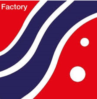 Factory logo with blue waves and white circles on red background