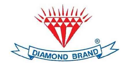 Diamond Brand logo with red and white diamond and banner with text.